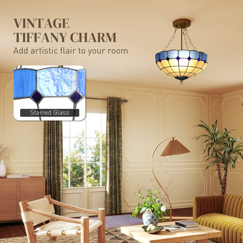 Blue and yellow stained glass tiffany style ceiling light with three e27 bulb sockets and brass finish by HOMCOM