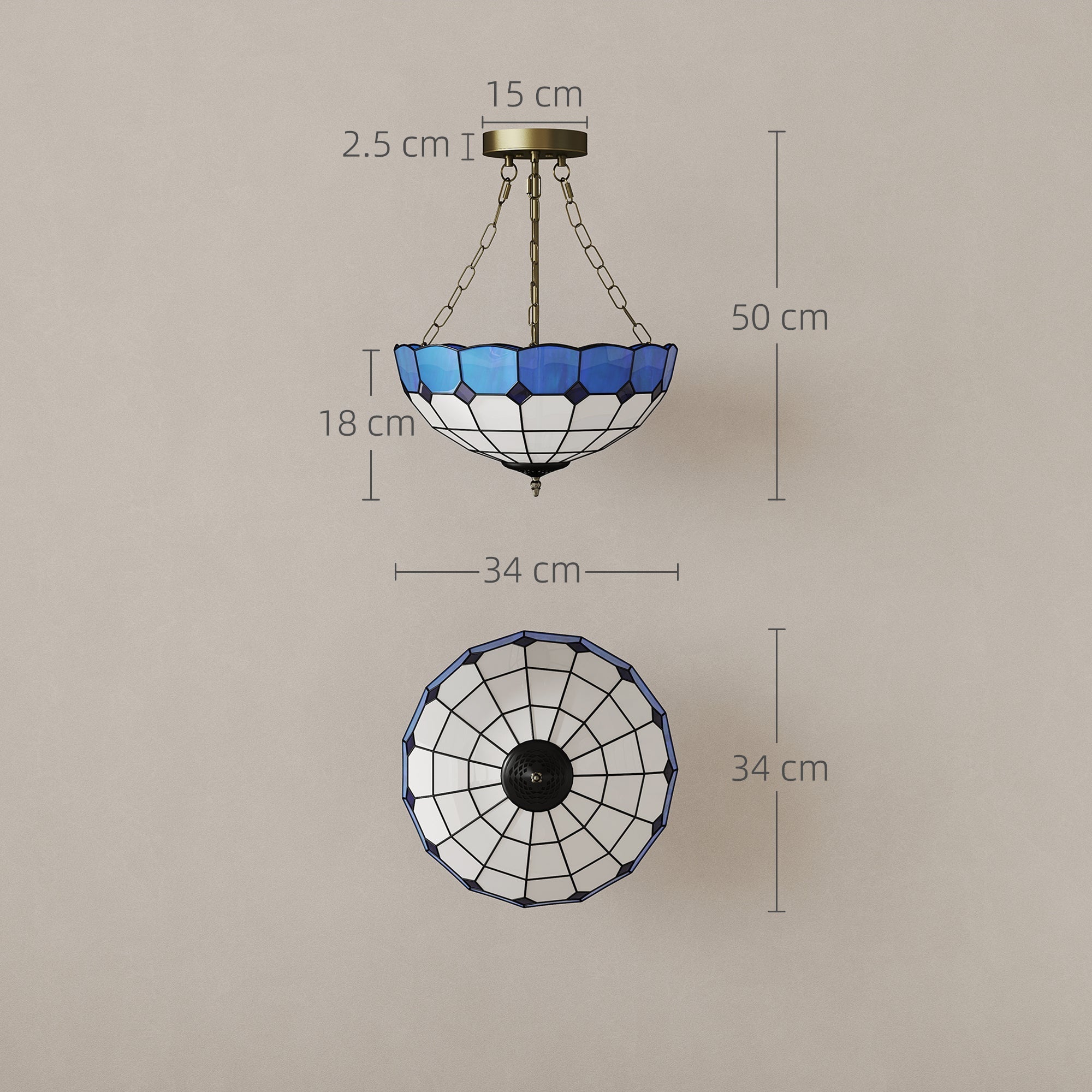 Blue and white stained glass ceiling light with brass fixture and three e27 bulb sockets for vintage style living room