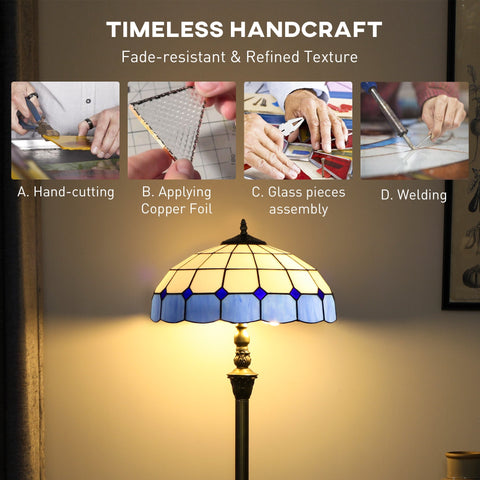 Homcom floor lamp with tiffany-style glass shade in bronze tone and blue featuring a foot switch and dual sockets