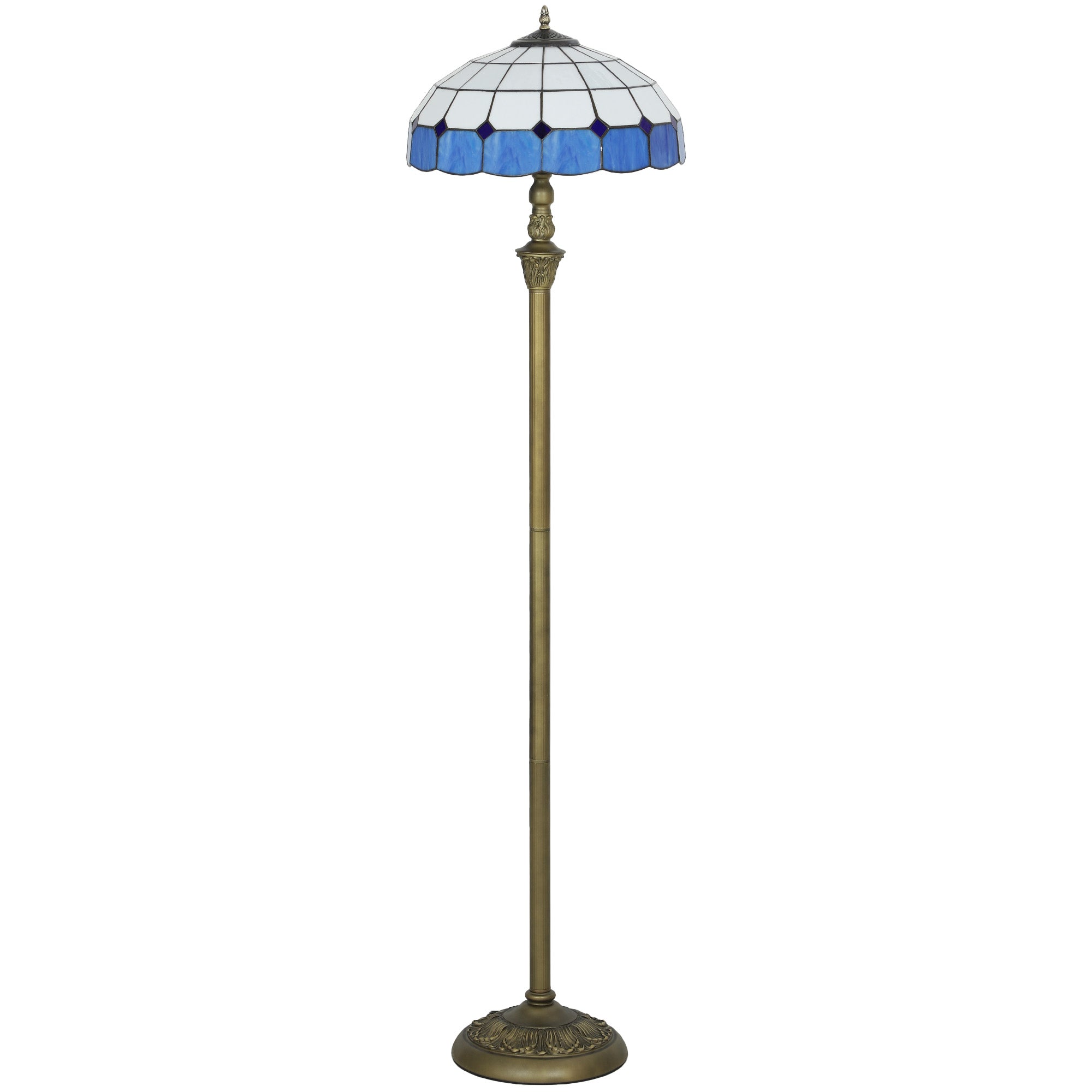 Homcom tiffany-style floor lamp with handcrafted blue and white glass shade brass base and foot switch for living room