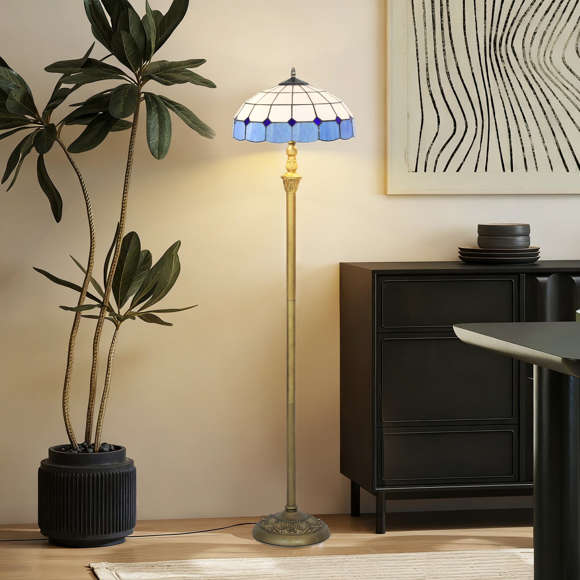 Homcom tiffany-style floor lamp with blue and white glass shade, ornate brass finish, foot switch, and dual sockets