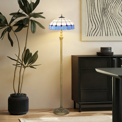 Homcom tiffany-style floor lamp with blue and white glass shade, ornate brass finish, foot switch, and dual sockets