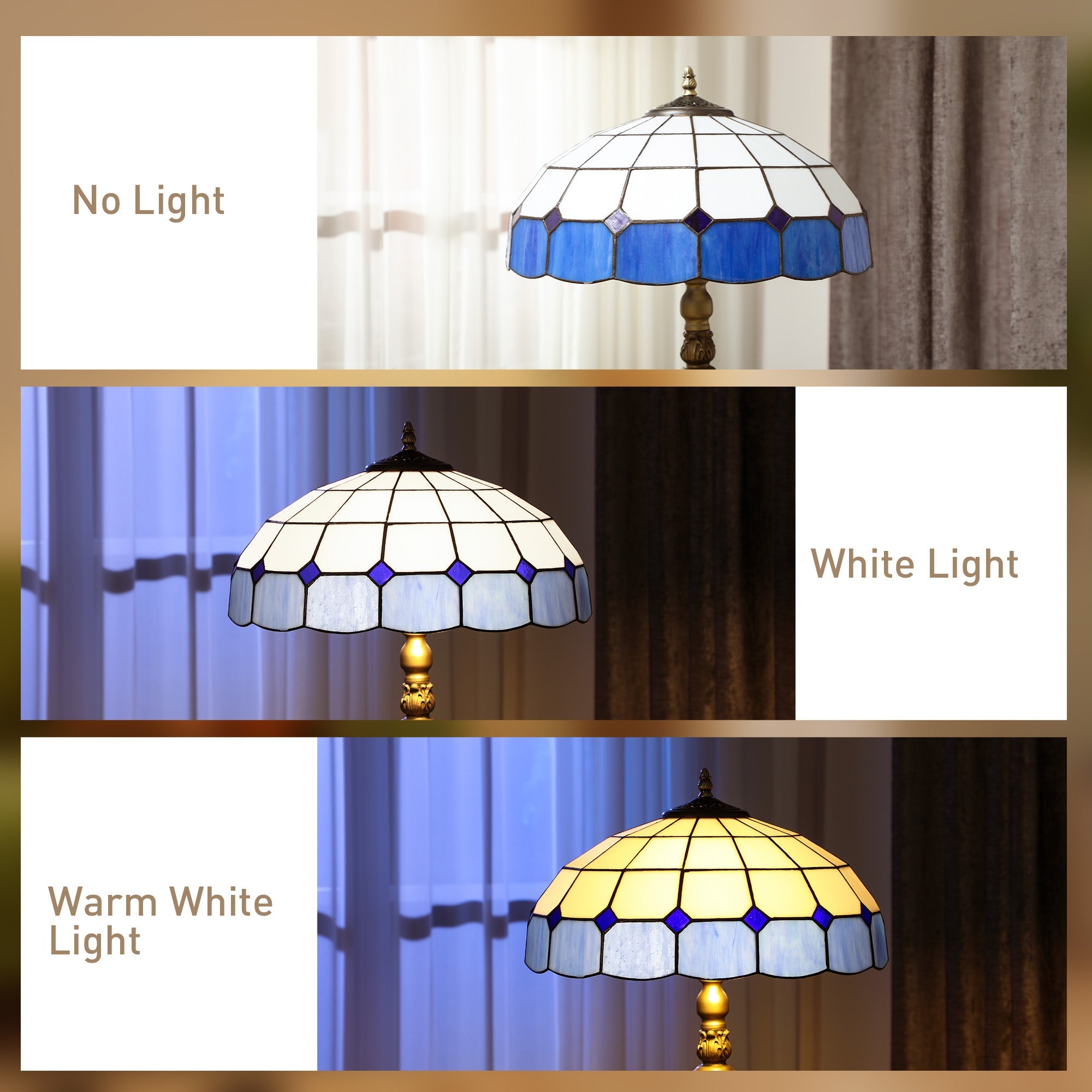 Blue and white stained glass shade floor lamp with gold-toned base and foot switch for living room or bedroom use