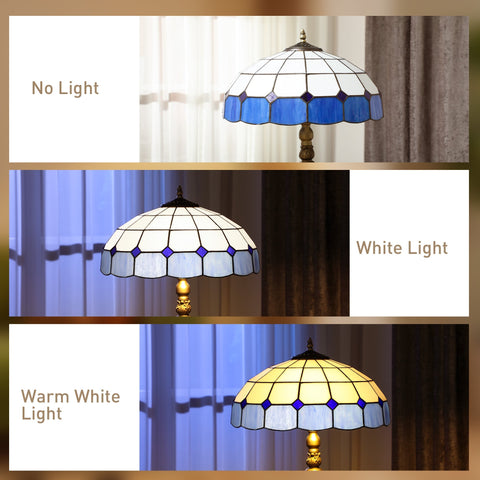 Blue and white stained glass shade floor lamp with gold-toned base and foot switch for living room or bedroom use