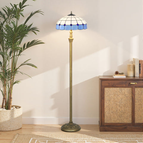 Homcom floor lamp with blue and white stained glass shade, brass base, foot switch, and dual sockets for living room