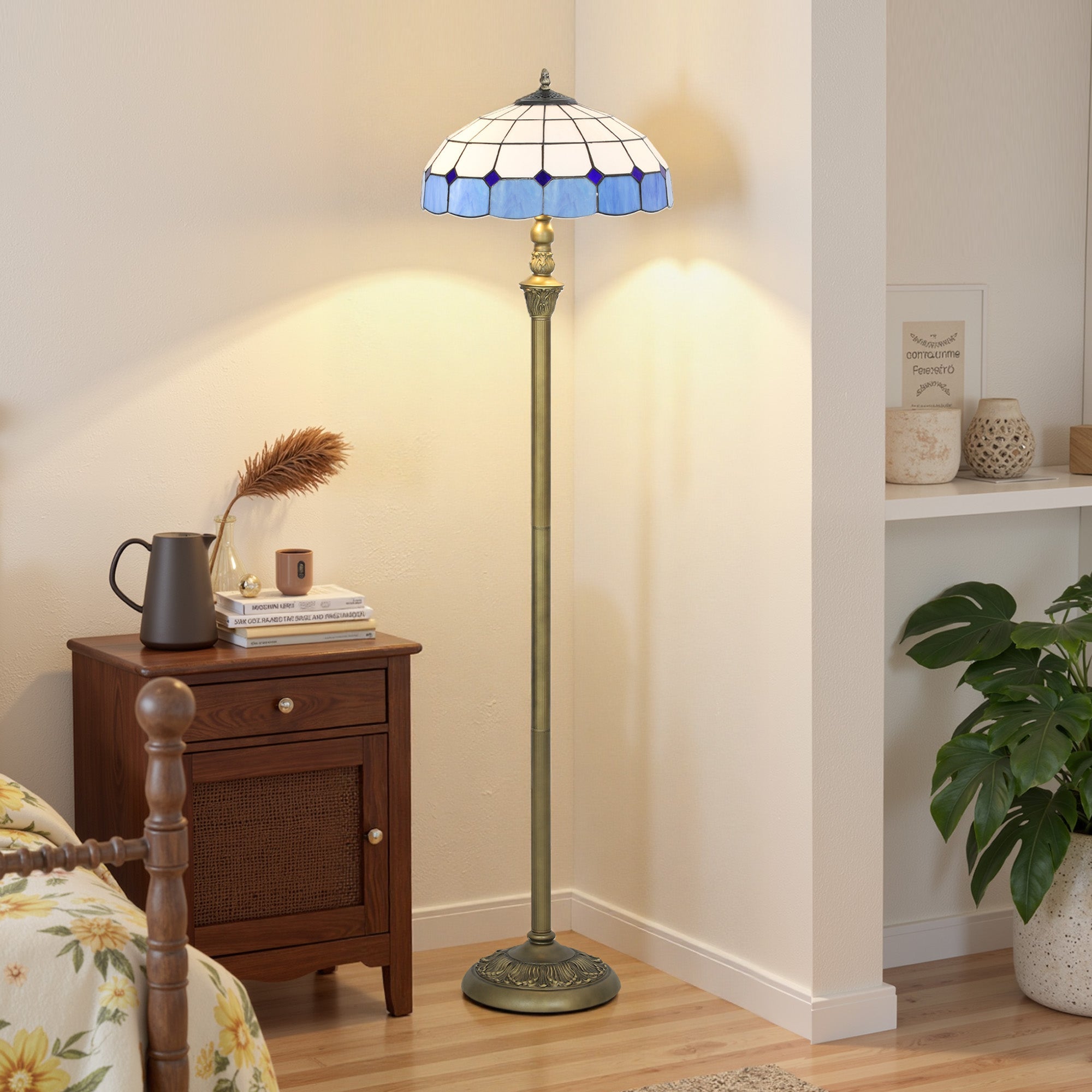 Homcom tiffany-style floor lamp with blue and white glass shade, antique brass finish, foot switch, and dual sockets