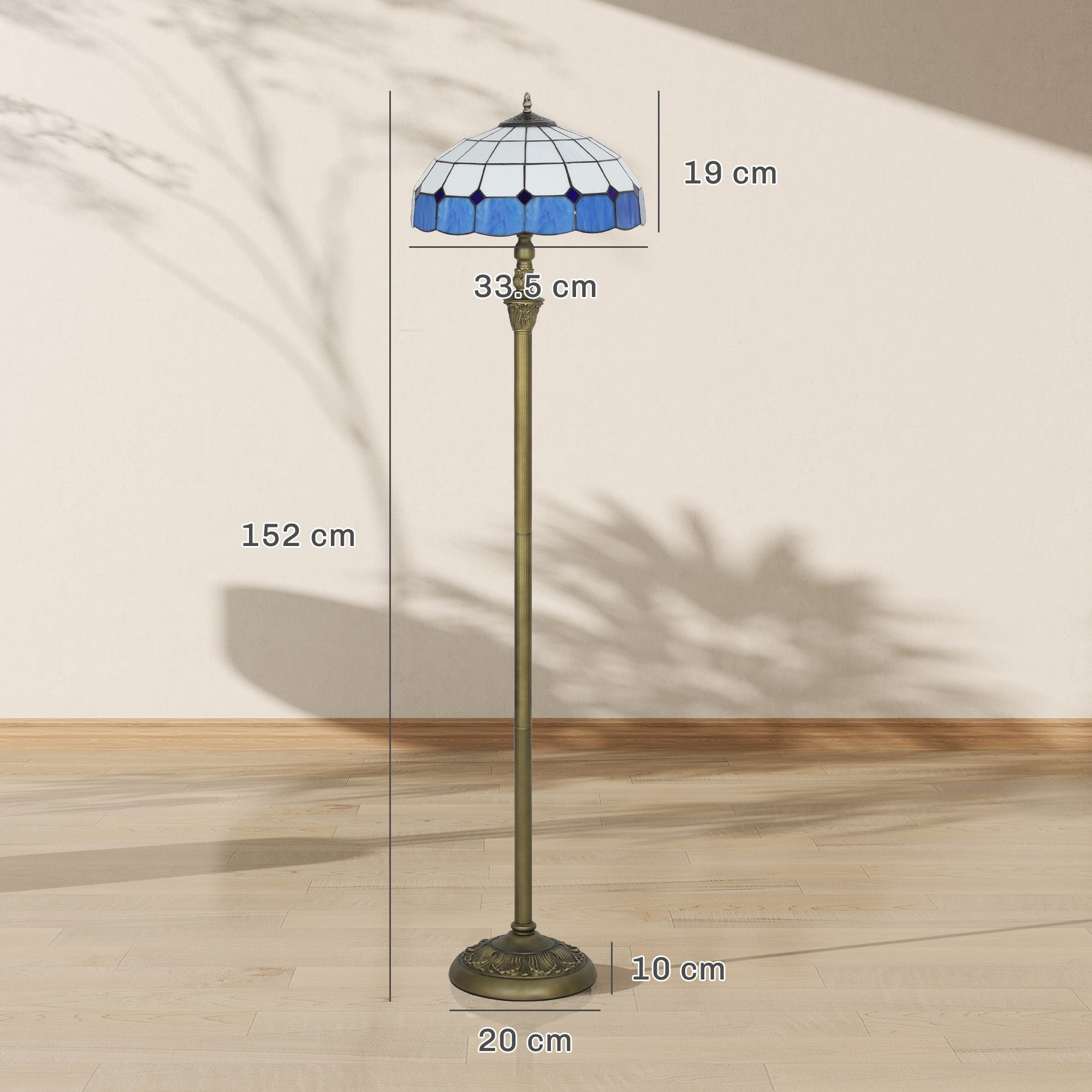 Homcom tiffany-style floor lamp with blue and white glass shade, brass frame, foot switch, and dual sockets for living room