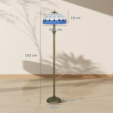 Homcom tiffany-style floor lamp with blue and white glass shade, brass frame, foot switch, and dual sockets for living room