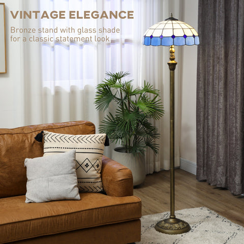 Homcom tiffany-style floor lamp with bronze stand stained glass shade in blue white purple hues and foot switch