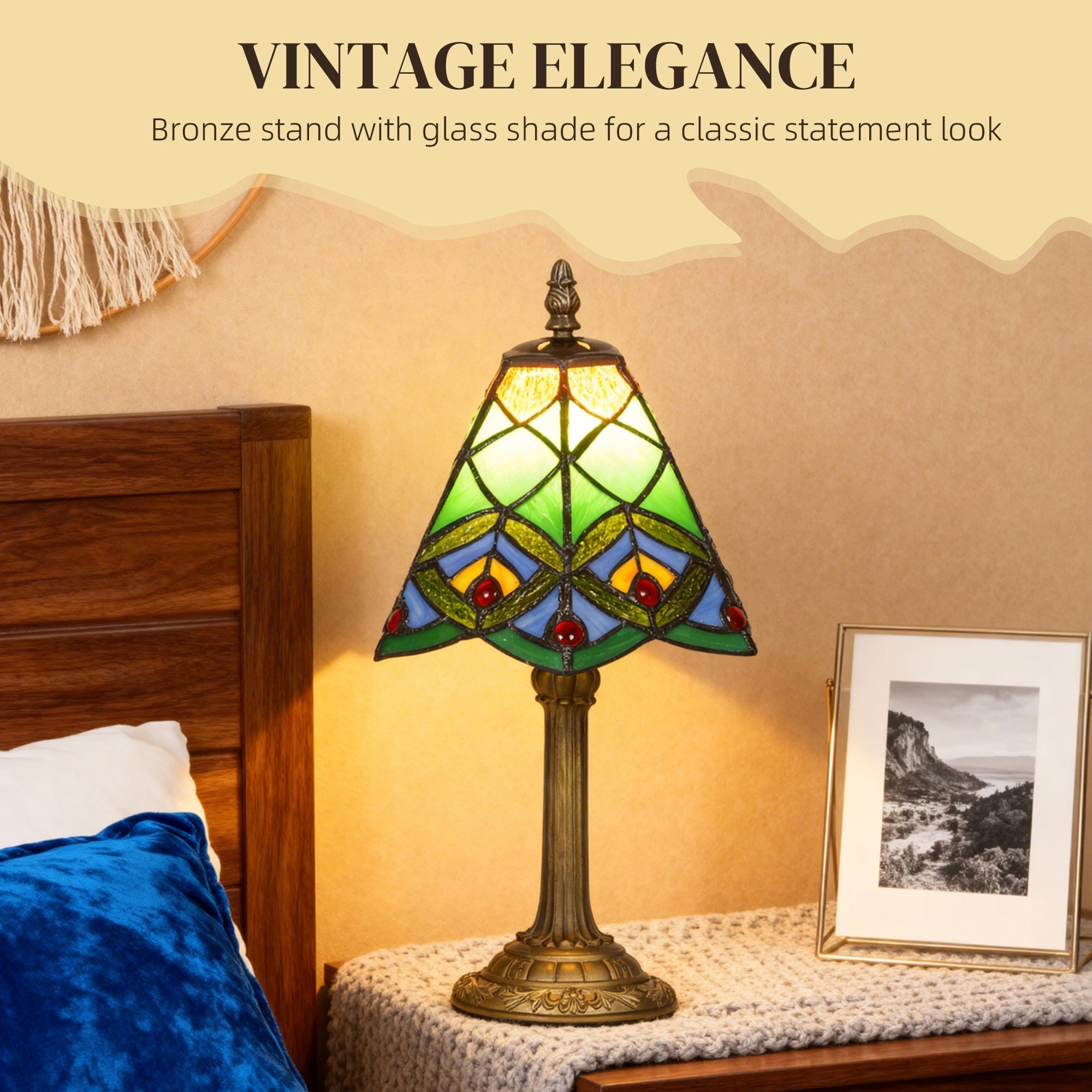 Vintage tiffany style table lamp with bronze stand and colorful stained glass shade for bedside or living room use