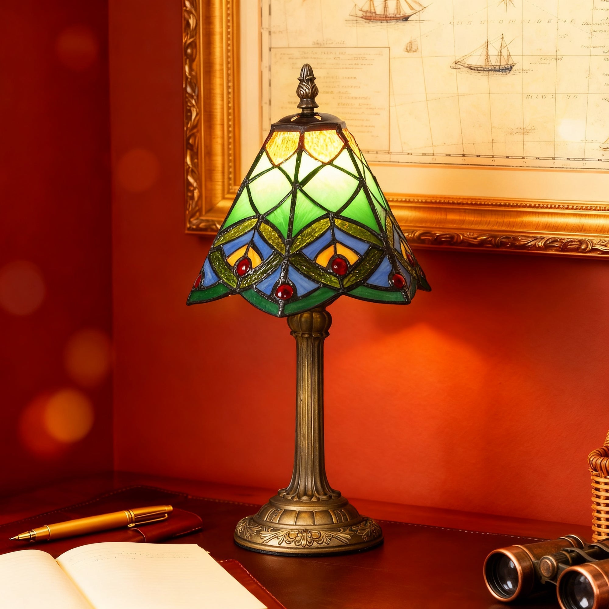Homcom tiffany style table lamp with green blue yellow stained glass shade and red bead accents for bedside use