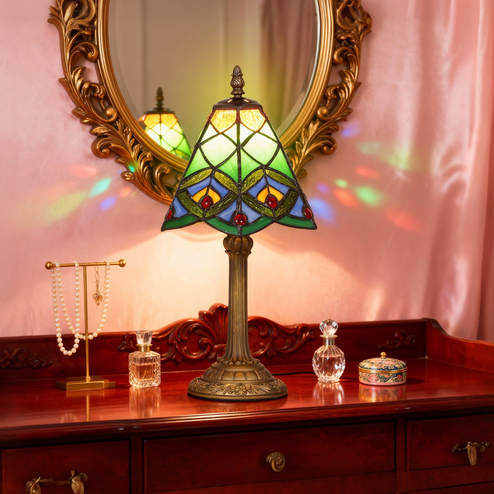 Homcom tiffany style table lamp with green blue yellow stained glass shade and ornate bronze base bedside lamp