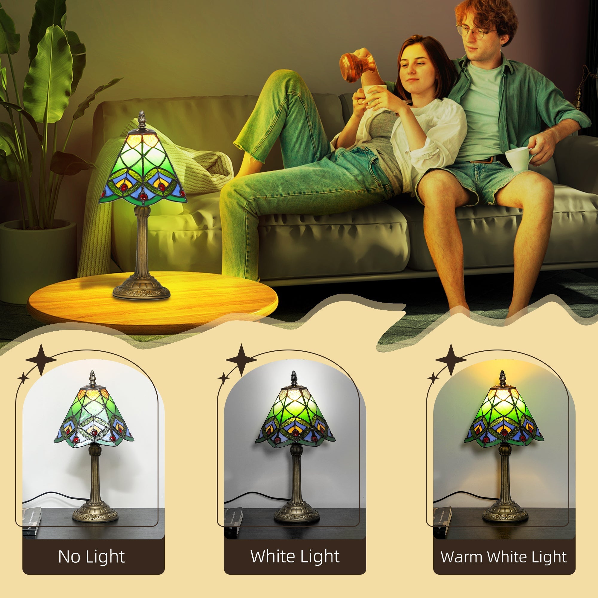 Homcom tiffany style table lamp with green blue amber stained glass geometric shade perfect as a bedside lamp