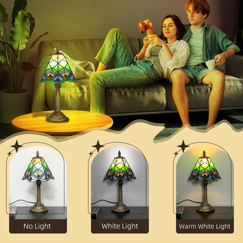 Homcom tiffany style table lamp with green blue amber stained glass geometric shade perfect as a bedside lamp