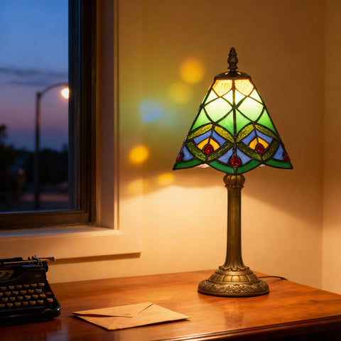 Homcom tiffany style table lamp with green blue and yellow stained glass shade and red jewel accents for bedside use