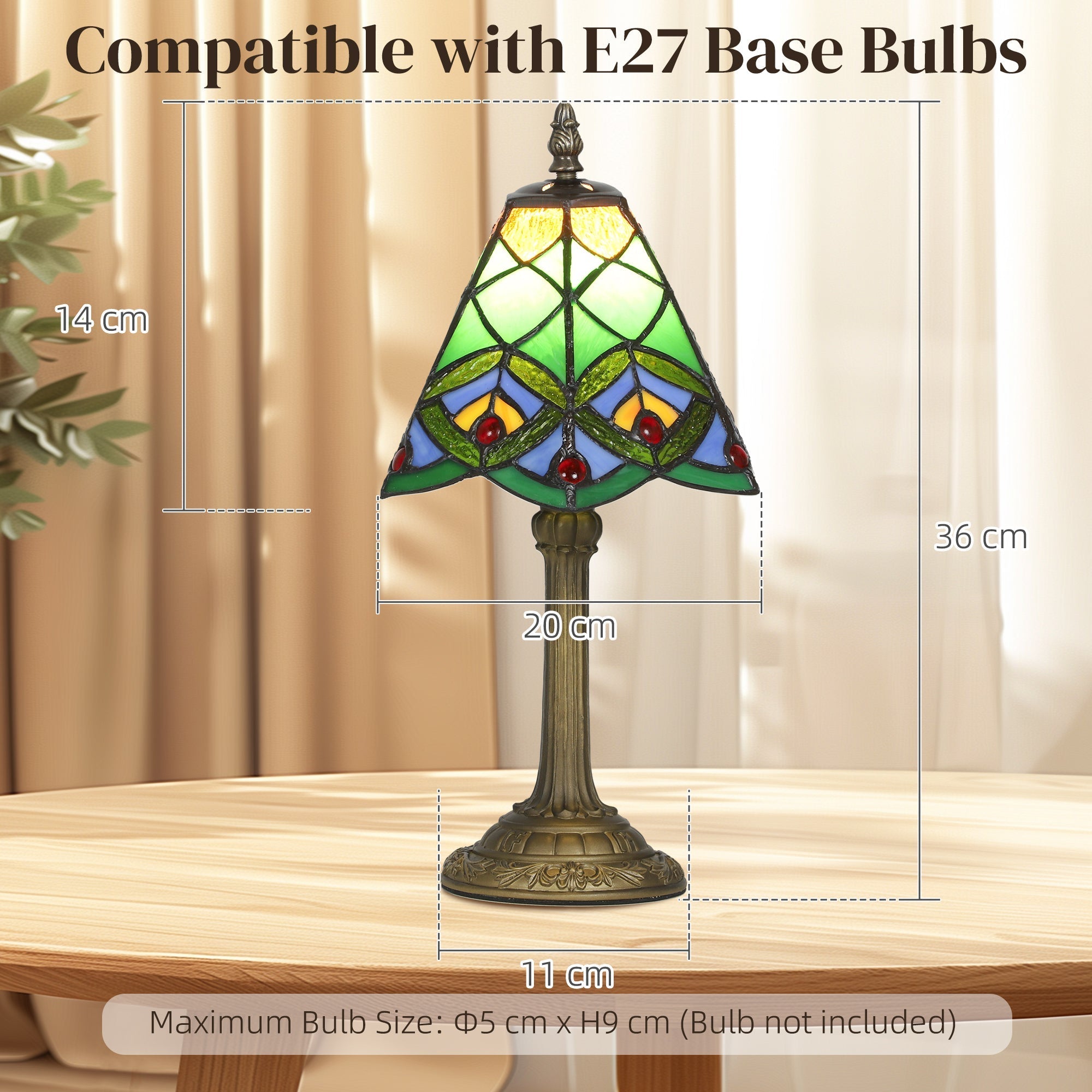 Homcom tiffany style table lamp with green blue red stained glass and ornate brass base perfect bedside lamp