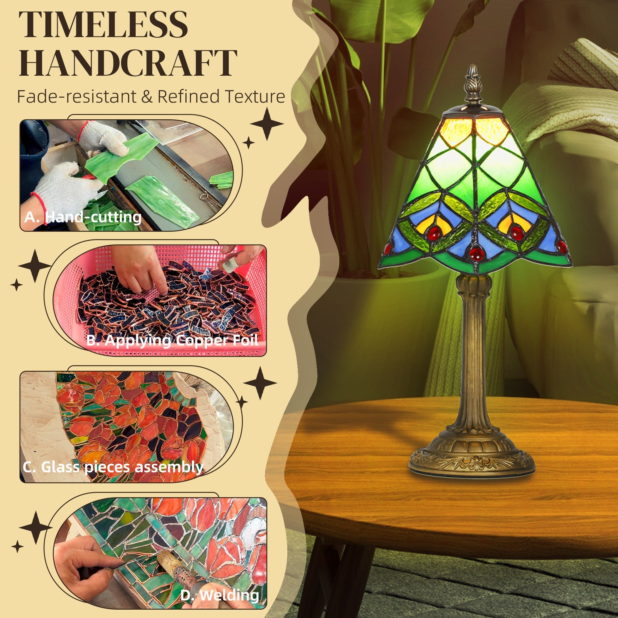 Homcom tiffany style bedside lamp with handcrafted green blue yellow stained glass shade and red bead accents