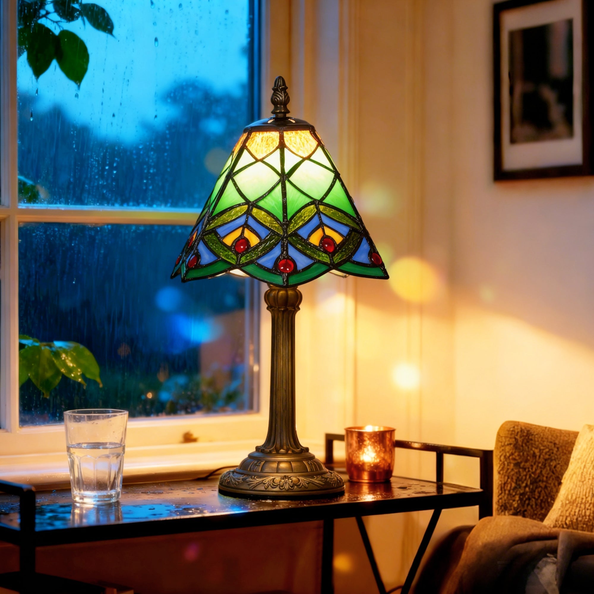 Homcom tiffany style stained glass table lamp with green blue and red geometric shade for bedside use