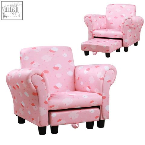 Pink toddler armchair and ottoman with wood frame and cute cloud upholstery for bedroom or playroom use