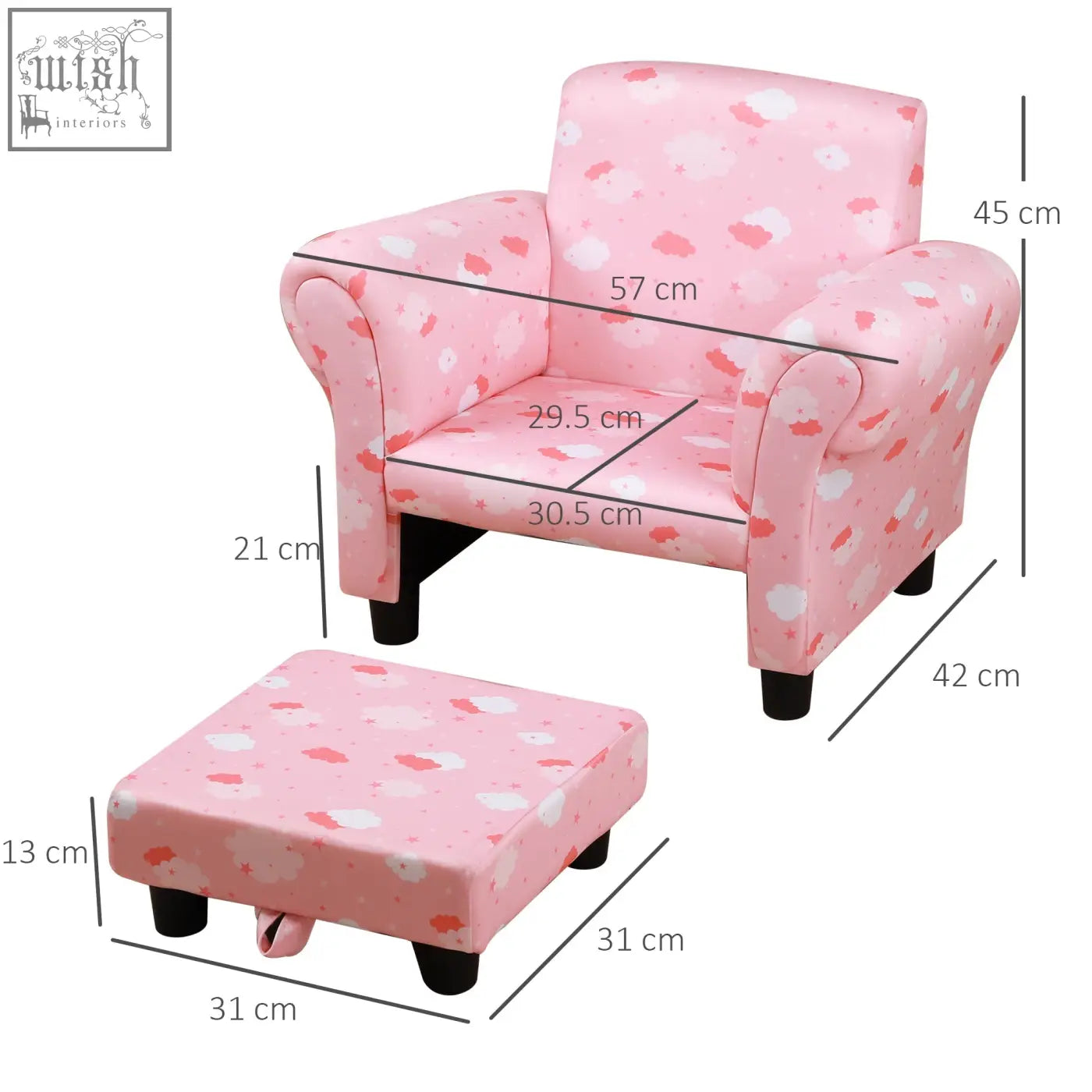 Pink toddler chair with wood frame and cute cloud upholstery in soft fabric for bedroom or playroom use