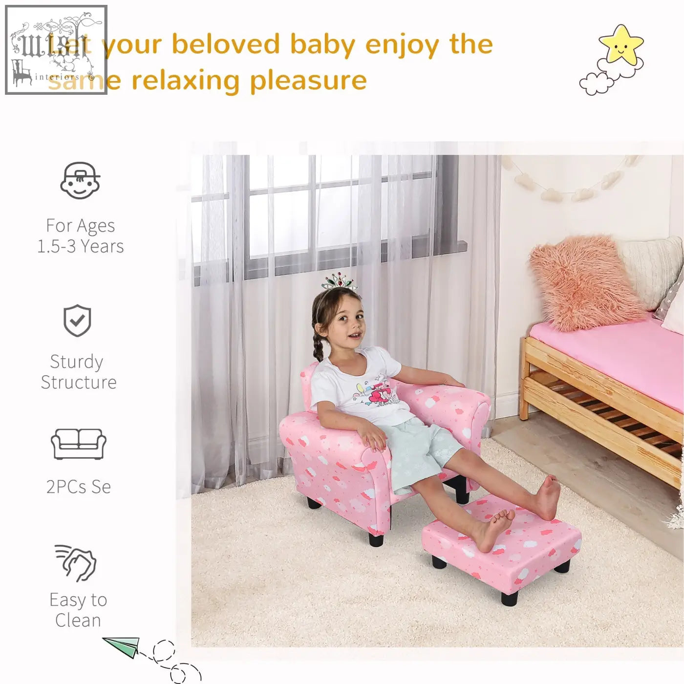 Pink toddler chair with cute cloud upholstery wood frame white polka dots black legs for playroom or bedroom