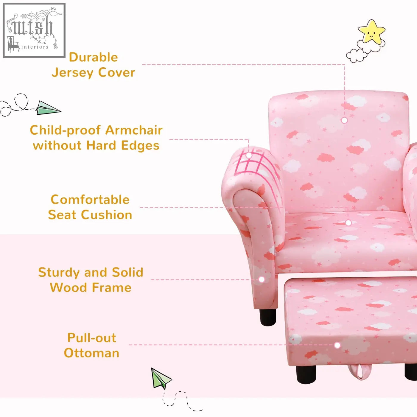 Pink toddler chair with wood frame and cute cloud upholstery in durable jersey fabric for bedroom or playroom use