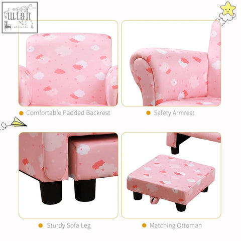 Pink cute cloud upholstery toddler wood frame armchair with matching ottoman and anti-slip legs for playroom use