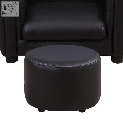 Black faux leather kids sofa stool with smooth padded top and caster wheels for extra comfort in toddler chair set