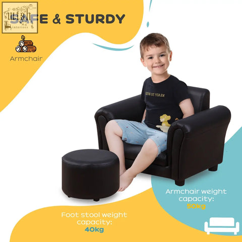 Black faux leather kids sofa set with matching ottoman for extra comfort by HOMCOM toddler chair