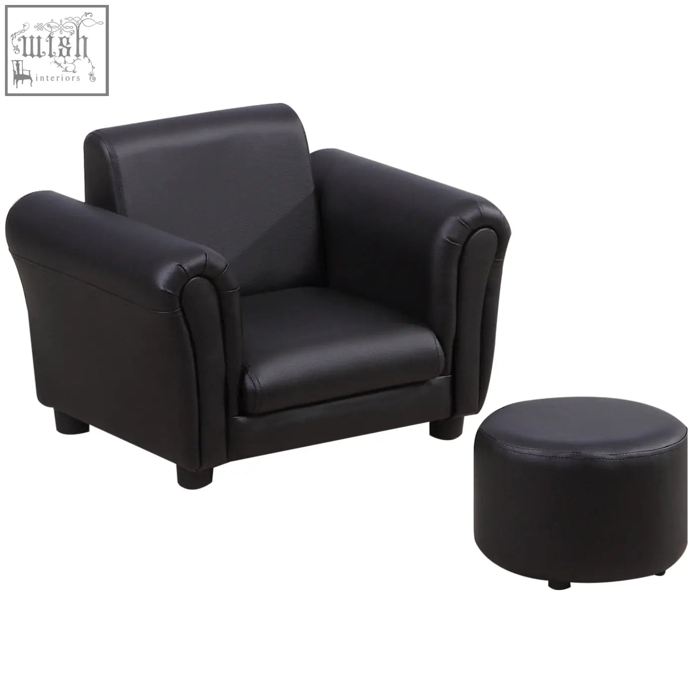 Black faux leather kids sofa set with rolled arms and matching ottoman for extra comfort by HOMCOM