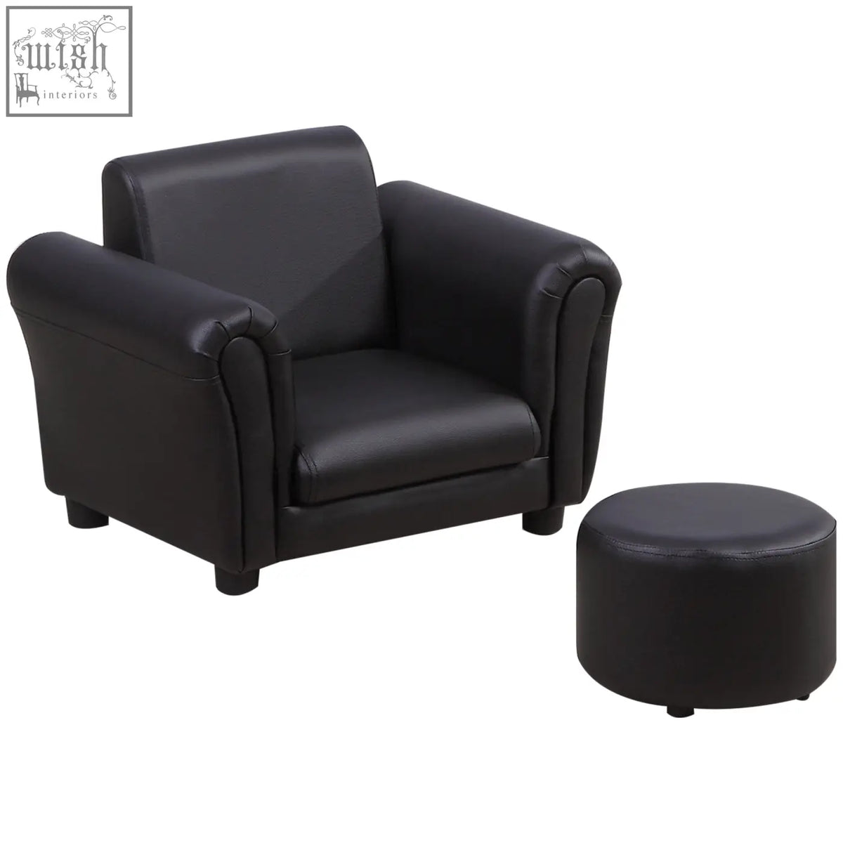 Black faux leather kids sofa set with rolled arms and matching ottoman for extra comfort by HOMCOM