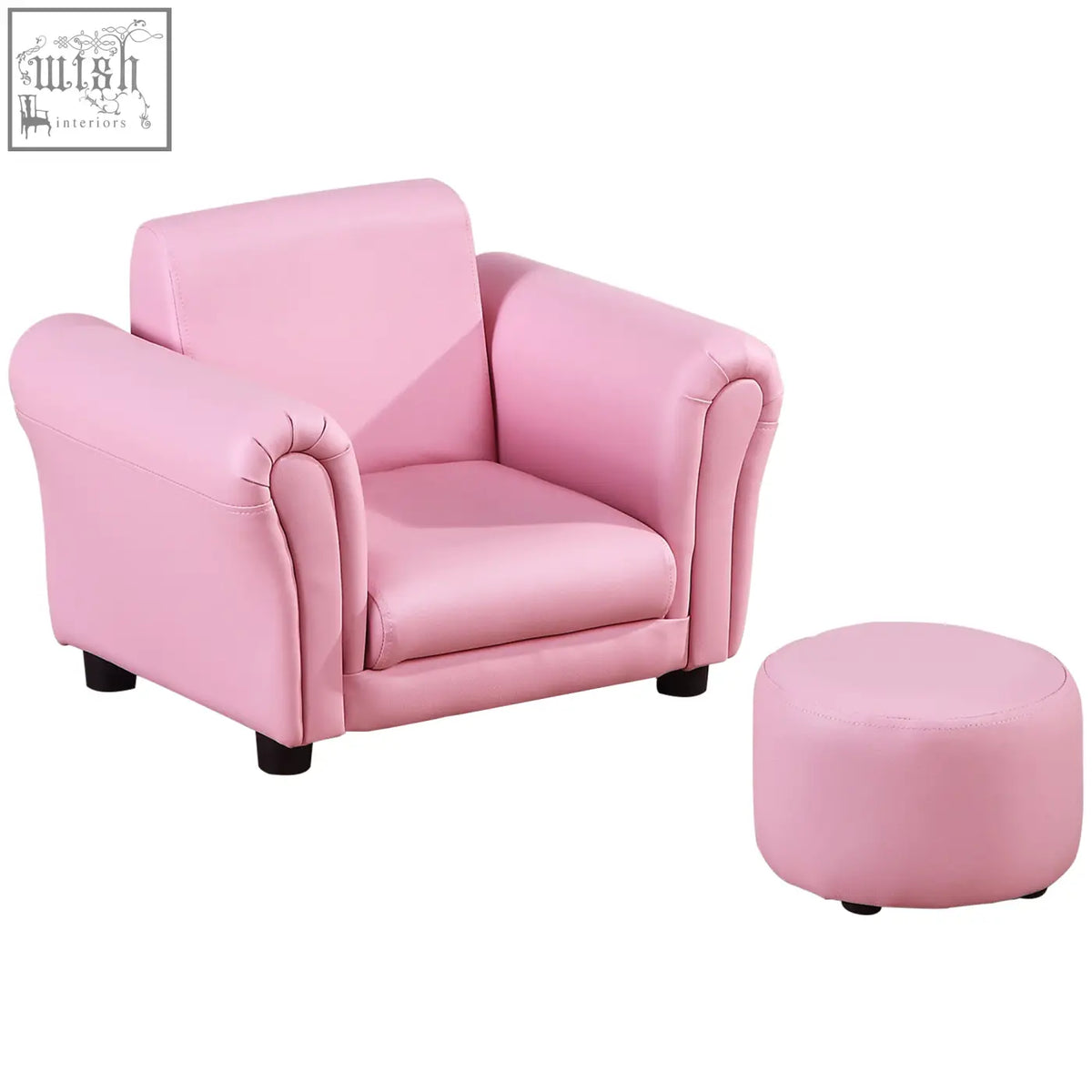 Pink faux leather kids sofa set with rounded arms and black legs for extra comfort includes matching ottoman