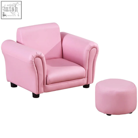Pink faux leather kids sofa set with rounded arms and black legs for extra comfort includes matching ottoman