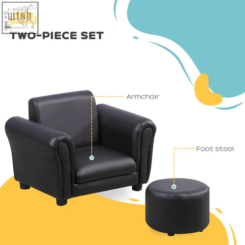 Black faux leather kids sofa armchair with rounded arms cushioned seat for extra comfort in homcom set