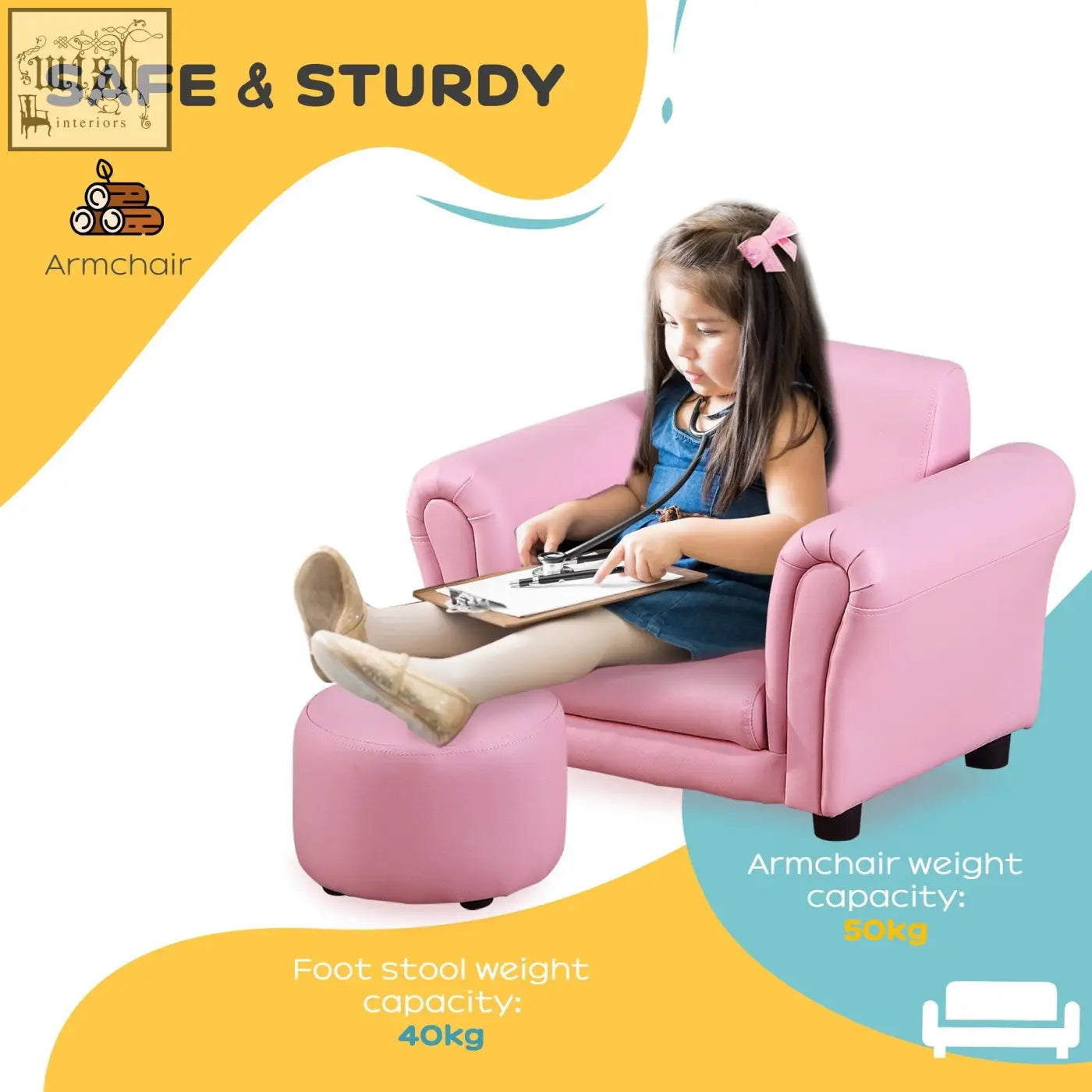 Pink homcom kids sofa set with matching footstool in soft faux leather for extra comfort and playtime fun