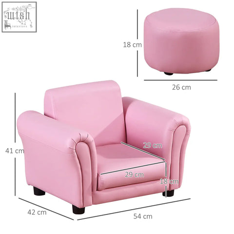 Pink faux leather kids sofa set with matching round ottoman for extra comfort by HOMCOM toddler chair