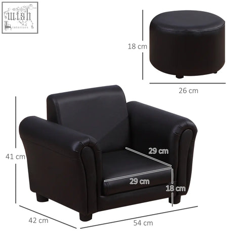 Black faux leather kids sofa set with rounded arms and matching ottoman for extra comfort by HOMCOM
