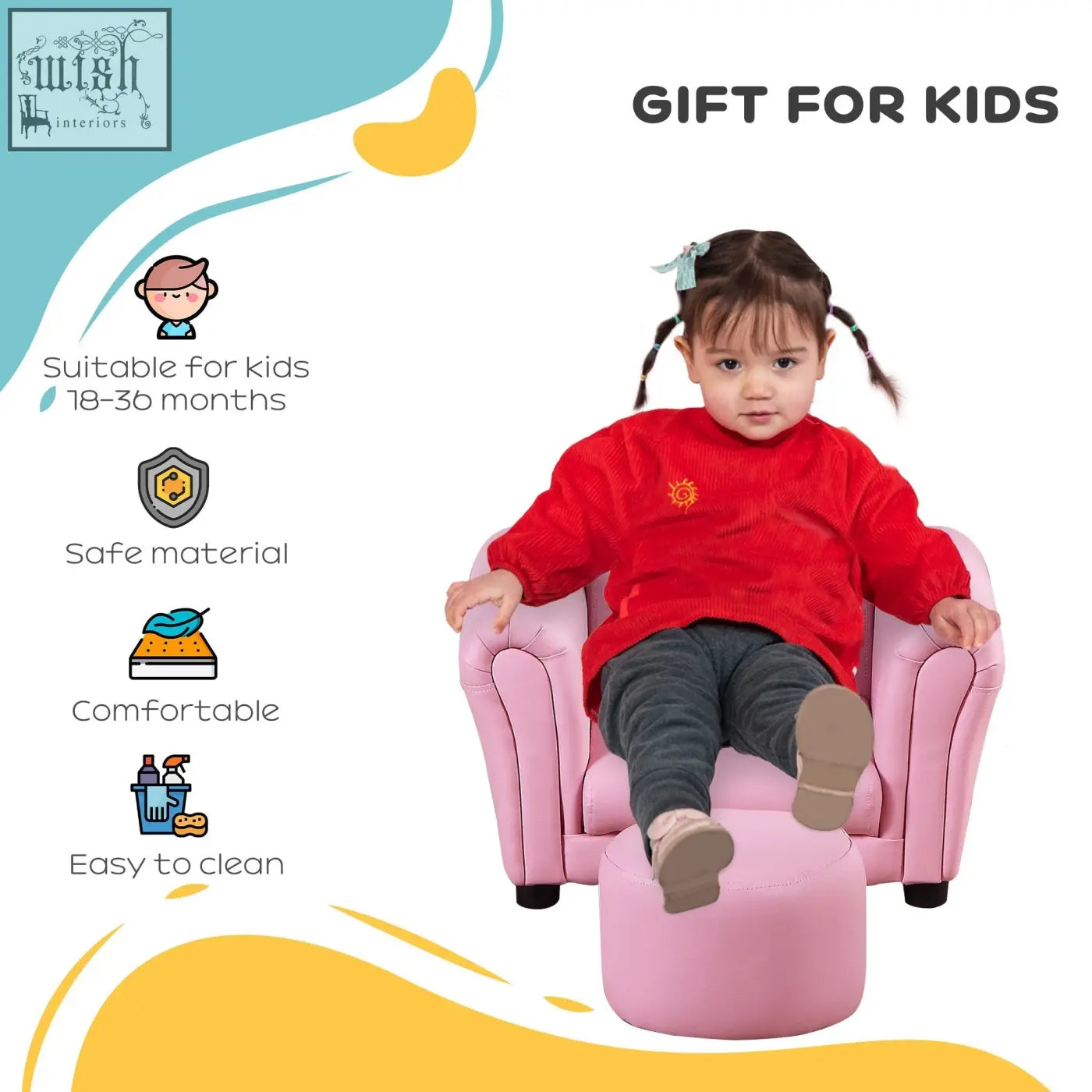 Pink kids sofa set with soft fabric upholstery and matching footstool designed for extra comfort for toddlers