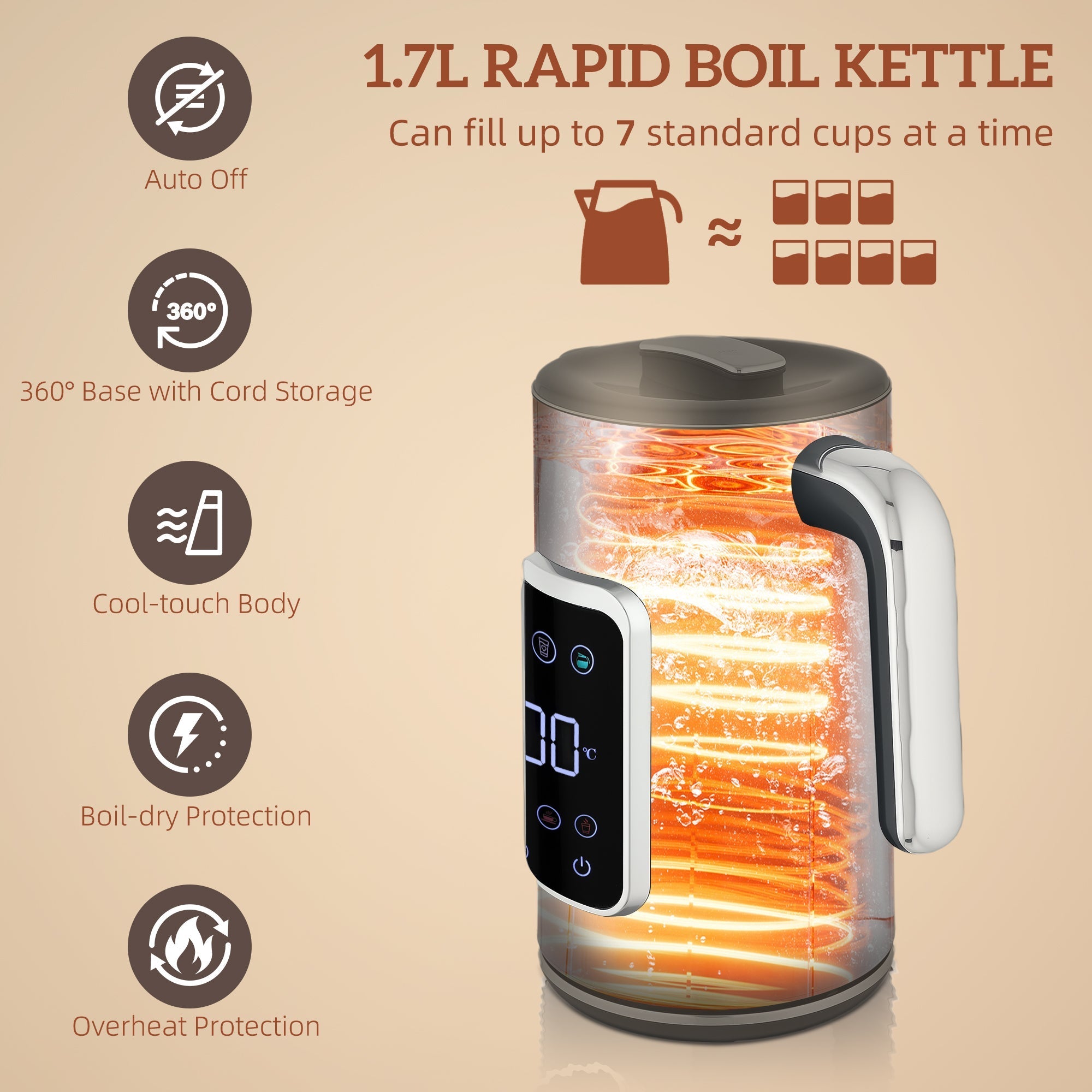 Homcom touch screen kettle 1.7l rapid boil with transparent body and ergonomic handle pairs with six browning two-slice toaster