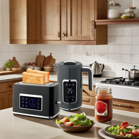 HOMCOM grey two-slice toaster with silver trim and illuminated control panel featuring six browning levels