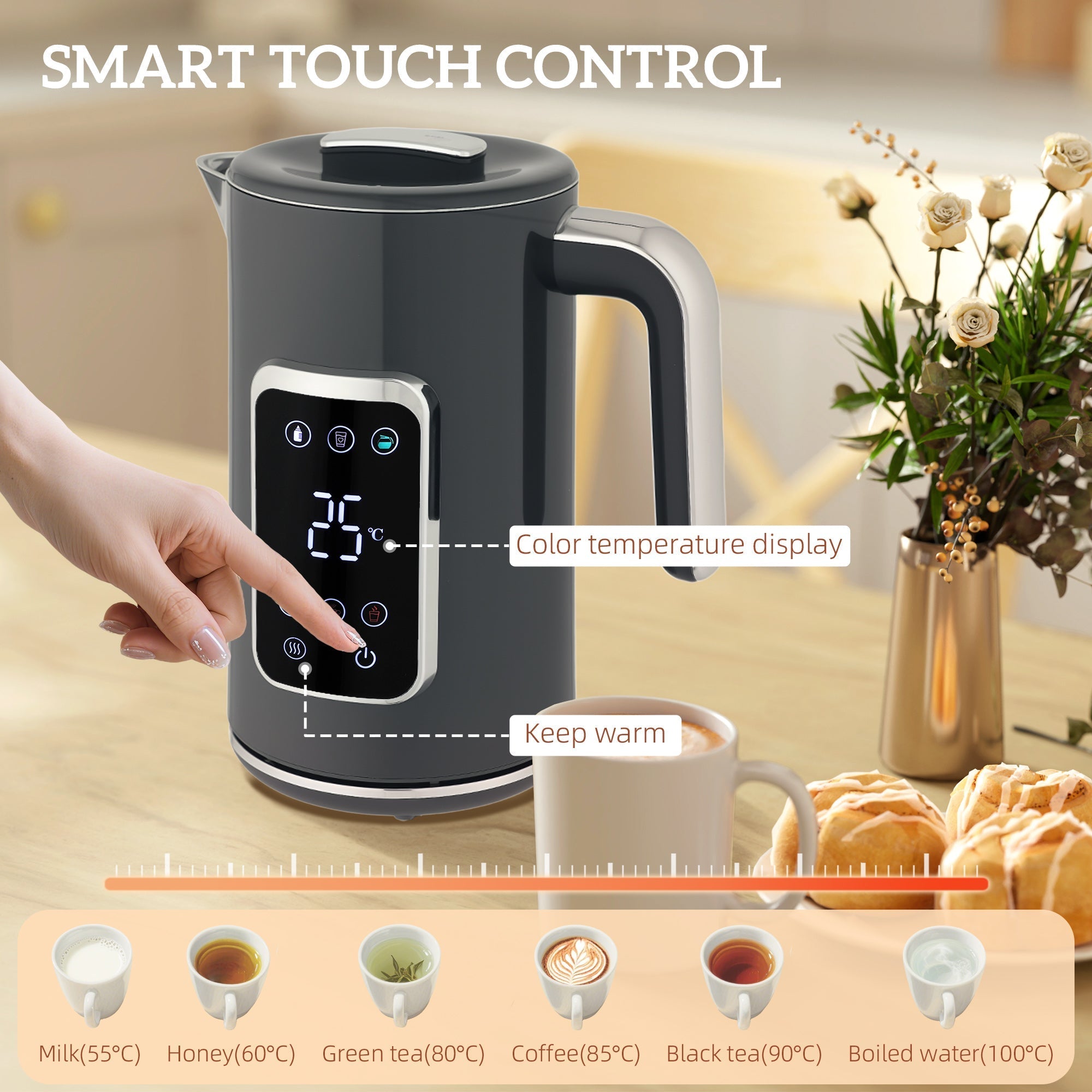 Homcom touch screen black and silver electric kettle with digital display showing 25°c in grey six browning toaster set