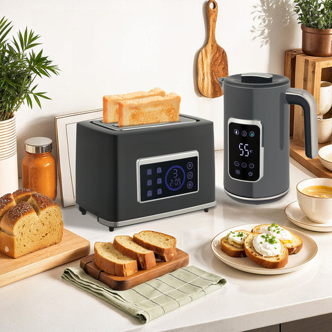 Black digital two-slice toaster with silver accents and six browning levels from HOMCOM touch screen kettle and toaster set gray