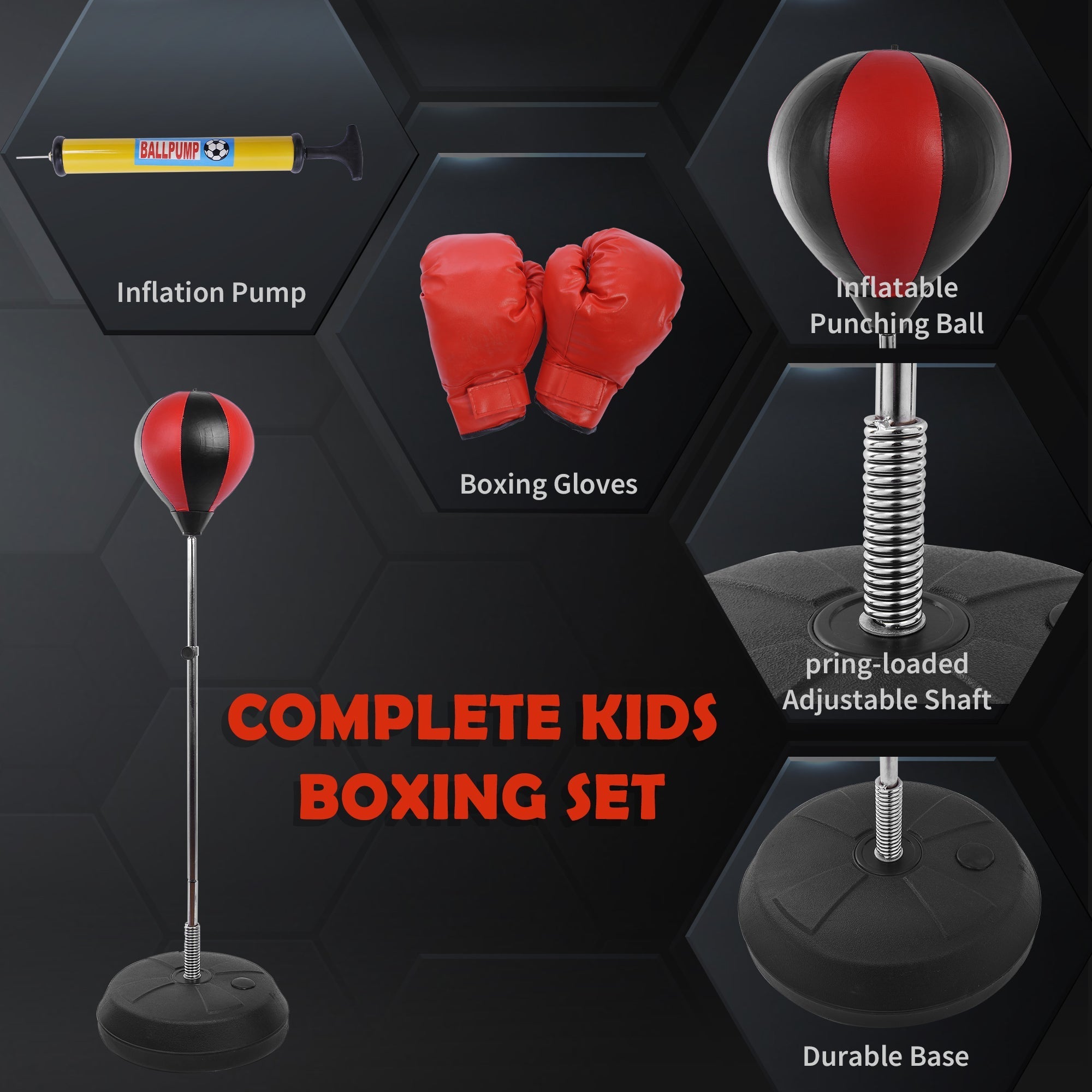 HOMCOM Training Boxing Punch Ball Set 125-145H x Φ43cm with Gloves Air Pump, 4-Position Adjustable Height Freestanding Boxing Speed Ball for Teenagers Exercise Training
