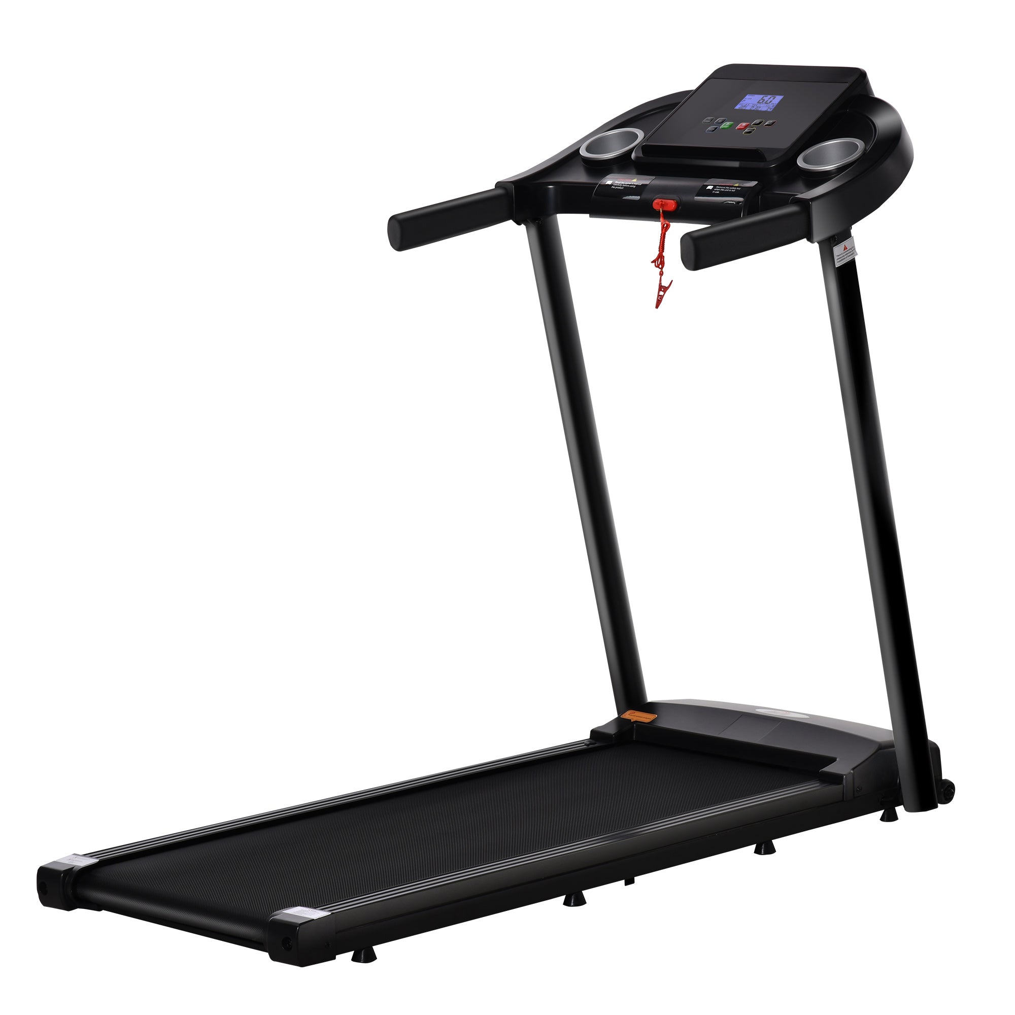 Black homcom treadmill electric motorised running machine with led screen handlebars and two wheels for easy move