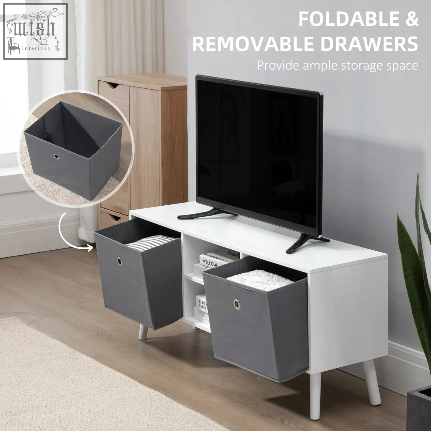 Gray fabric storage bins with foldable and removable design on white homcom tv cabinet stand unit with five wooden legs and two shelves