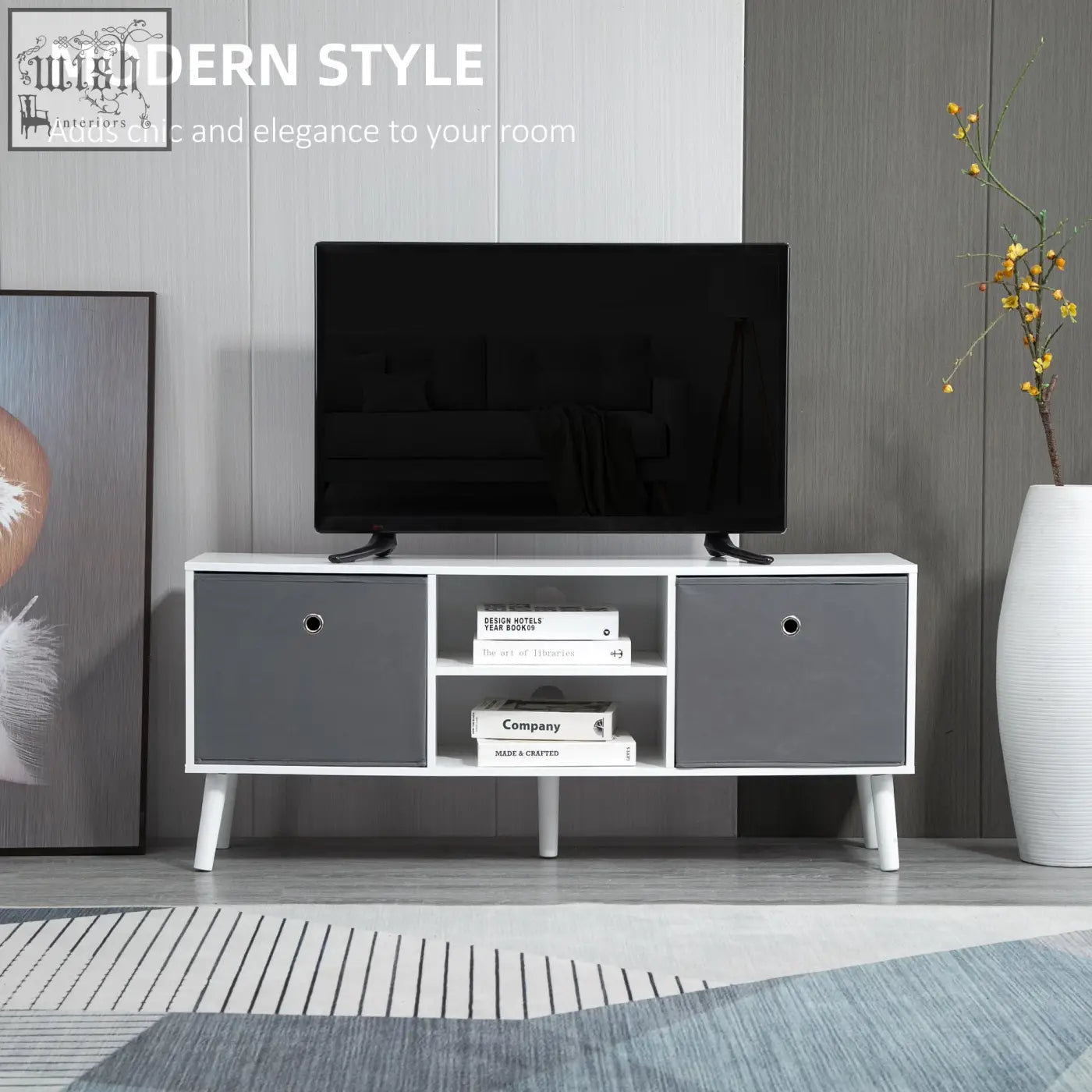 Modern white and gray homcom tv cabinet stand unit with five wooden legs and two shelves for living room up to 50 inches