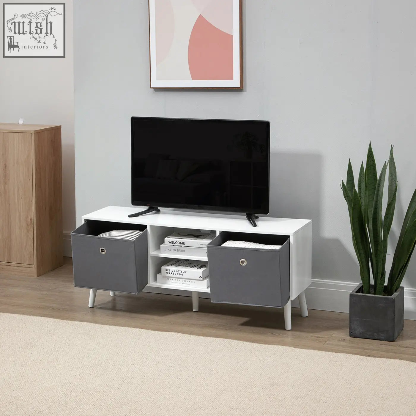 Modern white and gray homcom tv cabinet stand unit with fabric drawers and five wooden legs for living room use