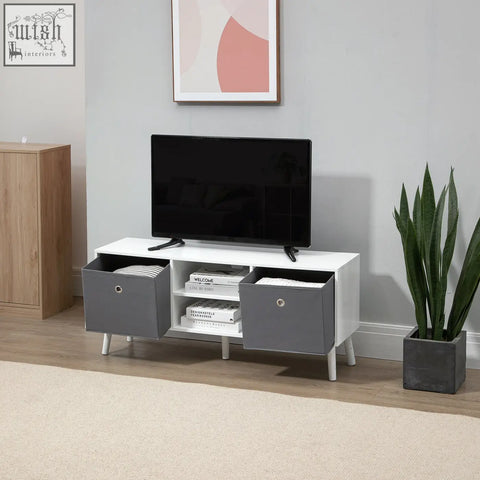 Modern white and gray homcom tv cabinet stand unit with fabric drawers and five wooden legs for living room use