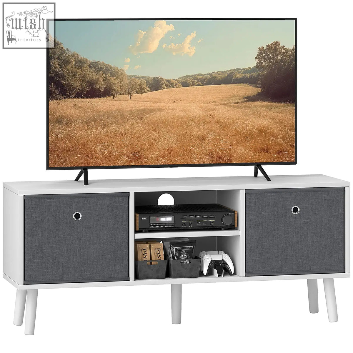 Modern white and gray homcom tv cabinet stand unit with five wooden legs two shelves and fabric finished doors for living room