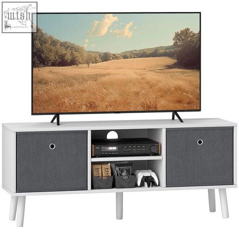 Modern white and gray homcom tv cabinet stand unit with five wooden legs two shelves and fabric finished doors for living room